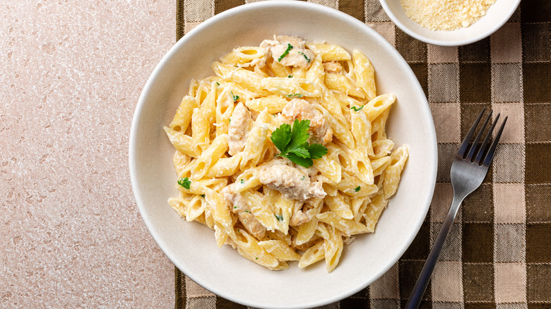 Bowl of chicken alfredo penne