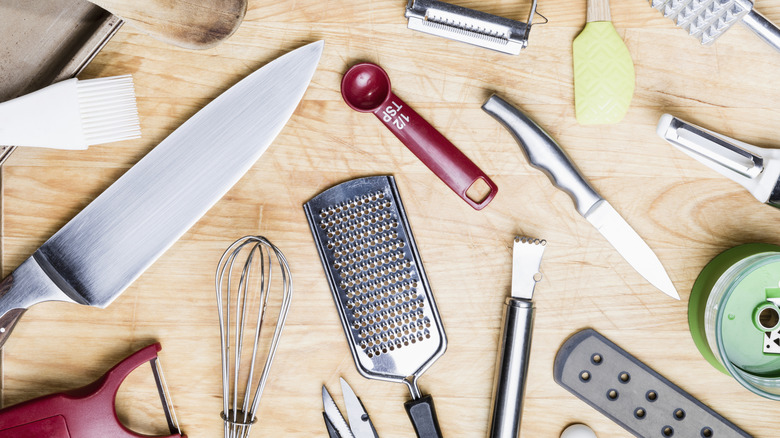 Various kitchen products on a wooden table