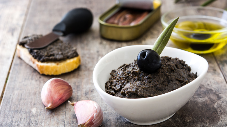 Black olive tapenade in bowl