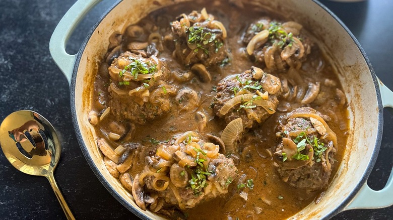 Pan of Salisbury steak with gravy