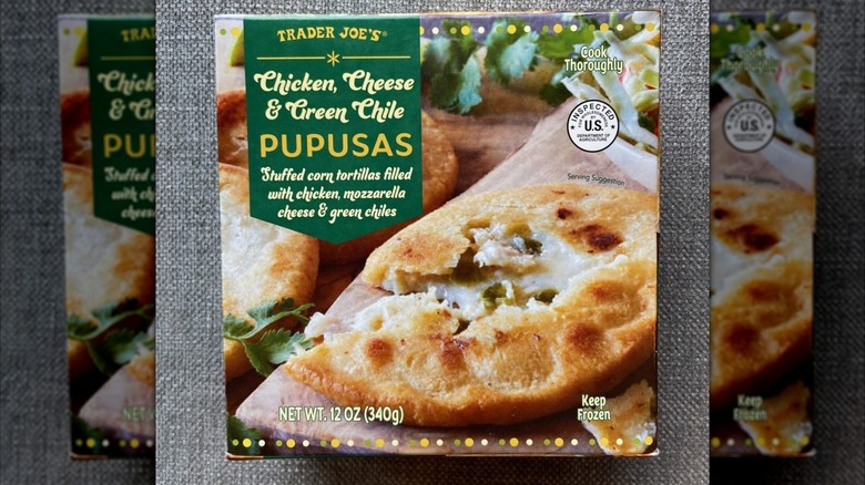Trader Joe's Chicken, Cheese, and Green Chile Pupusas box on gray material
