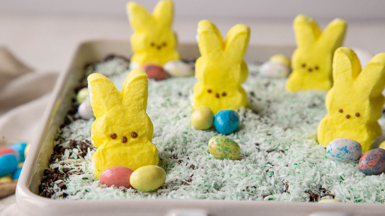 Easter themed dirt cake with peeps bunnies