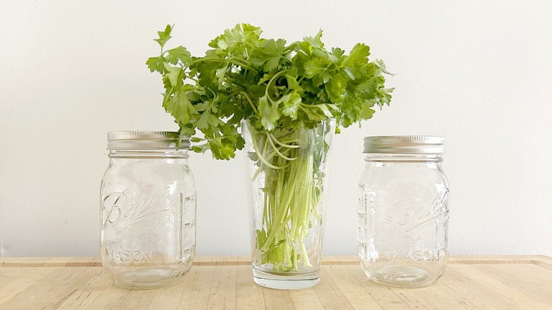 Cleaned herbs and jars