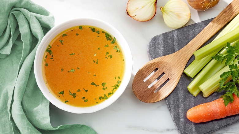 Chicken broth bowl on table