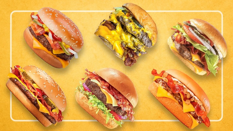 Six fast food burgers against a yellow background