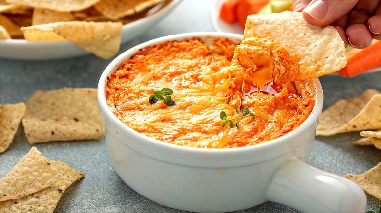 Buffalo chicken dip with tortilla chips 