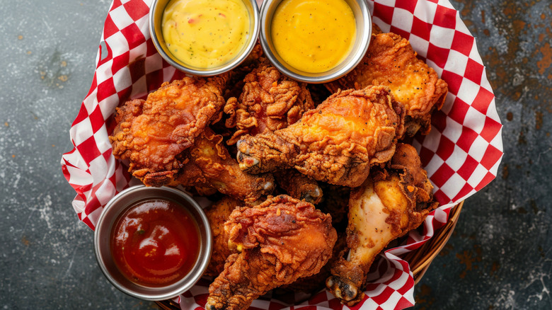 Basket of fried chicken with sauces